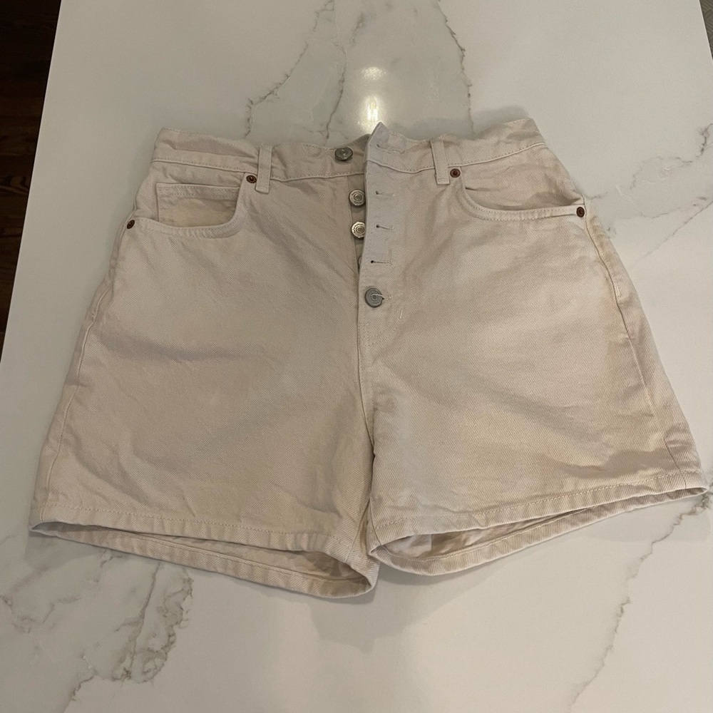 Reformation Cream High Rise button fly Jean shorts. Size 28